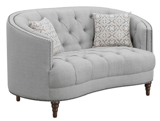 Avonlea Light Gray Tufted Linen "C" Shape Loveseat with Turned Feet