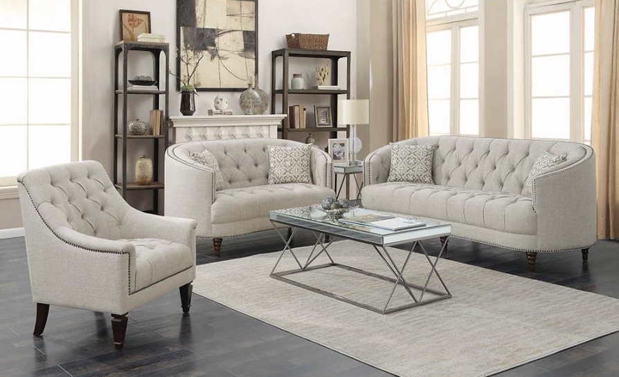 Avonlea Light Grey Tufted Linen "C" Shape Sofa & Loveseat Set with Turned Feet