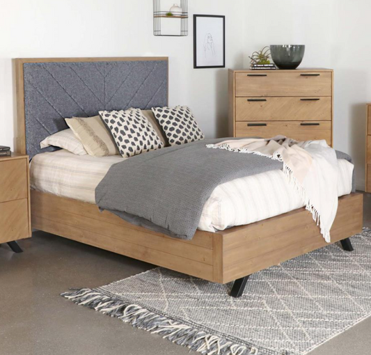 Taylor Modern King Bed in Light Honey with Upholstered Headboard