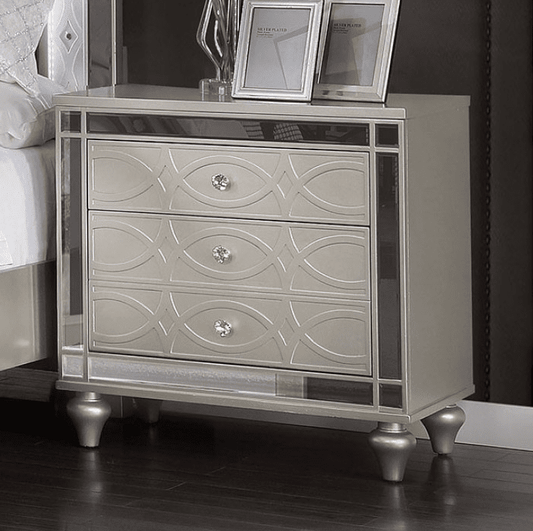 Manar 3-Drawer Nightstand in Silver with Mirror Accents