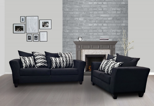 Rome Flared Arm Sofa & Loveseat Set in Black Microfiber