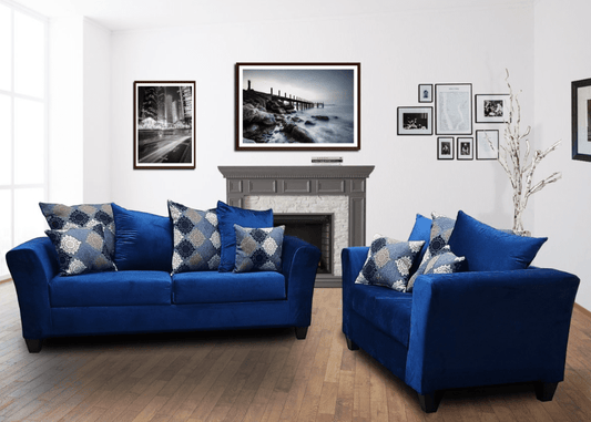 Rome Flared Arm Sofa & Loveseat Set in Blue Microfiber