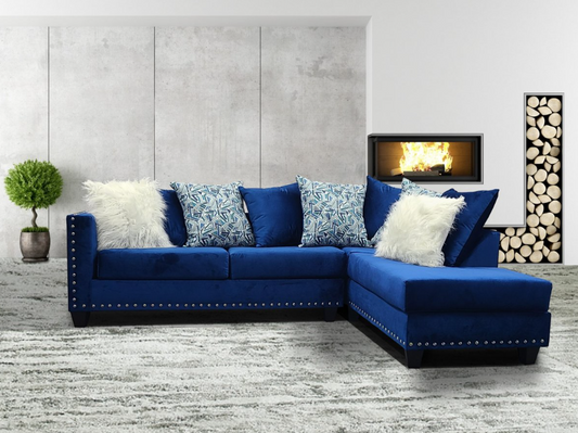 Marciaz Velvet Nailhead Sectional in Blue