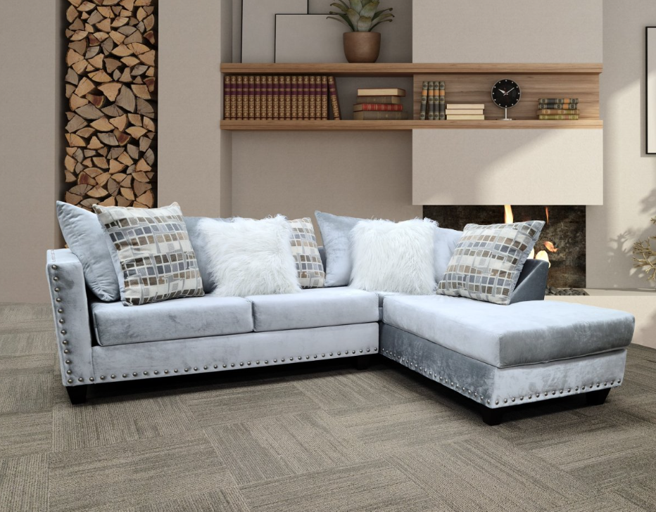 Marciaz Velvet Nailhead Sectional in Silver