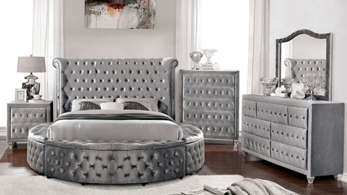 Sansom Gray Velvet Glam Bed - Furniture of America