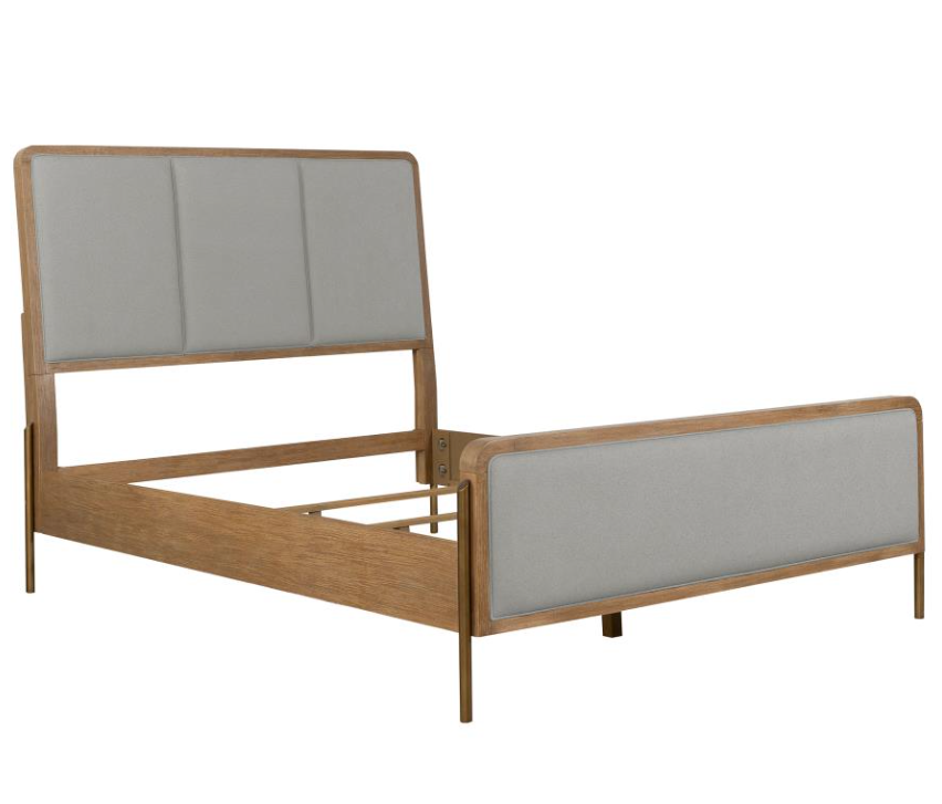 Elgen II Transitional King Bed in Wire Brushed Sand Finish & Upholstered Headboard