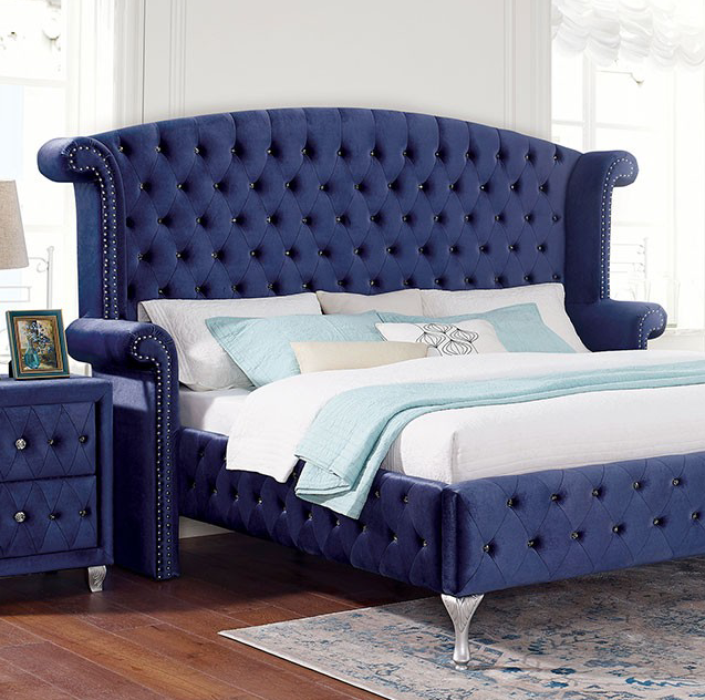 Alzir Glam Style King Size Platform Bed in Blue