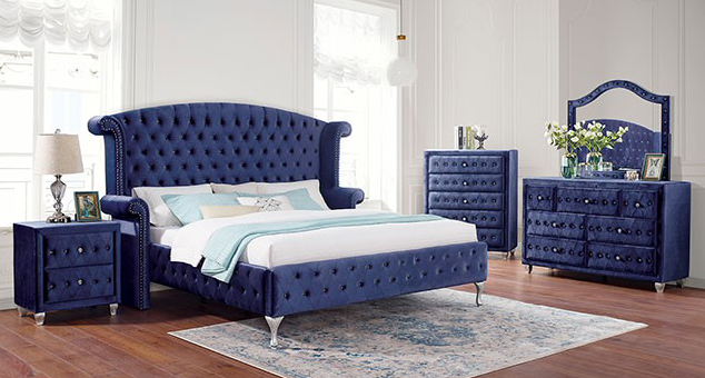 Alzir Glam Style King Size Platform Bed in Blue