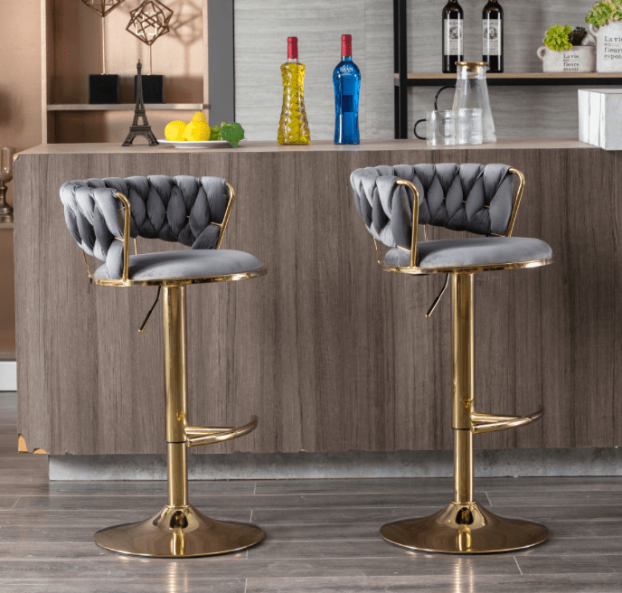 WeeHaa Modern Adjustable Height Velvet Bar Stools with Gold Base Set of 2