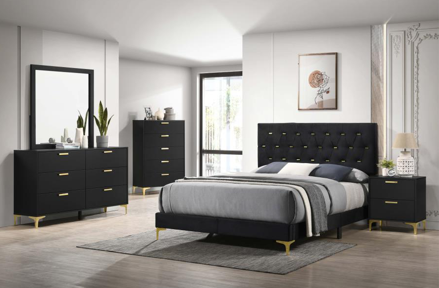 Kendall Velvet Panel Bed in Black & Gold - Queen