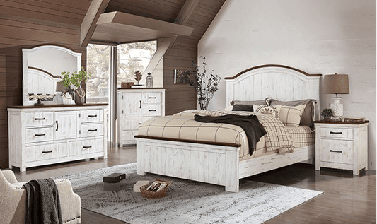 Alyson Transitional Bedroom Set in Distressed White & Walnut - Queen