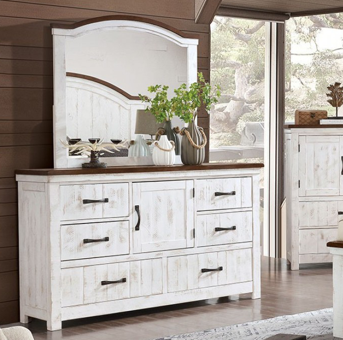 Alyson Transitional Bedroom Set in Distressed White & Walnut - King