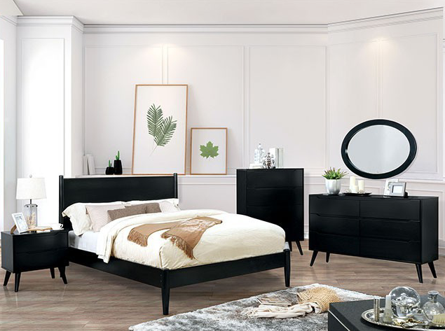 Lennart II Black Finish Mid-Century Modern Queen Platform Bed