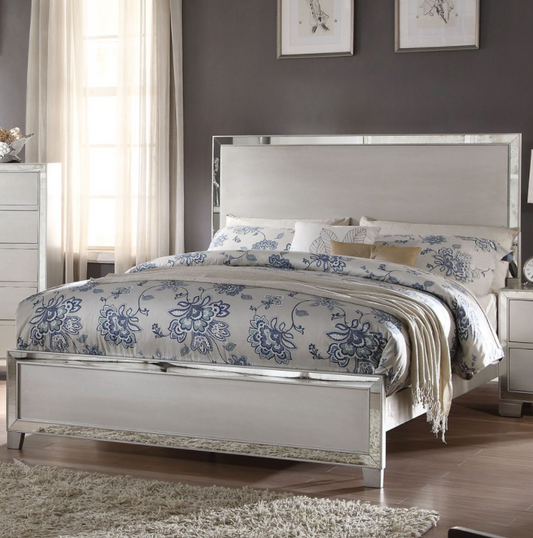 Voeville Queen Bed in Platinum with Mirrored Accents