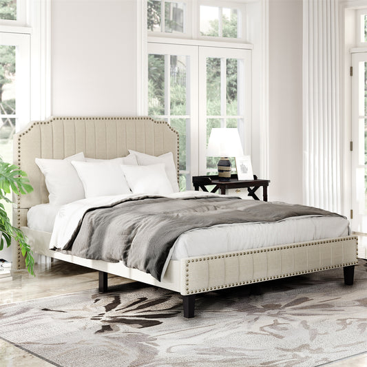 Bed Best Modern Cream Linen Curved Queen Platform Bed