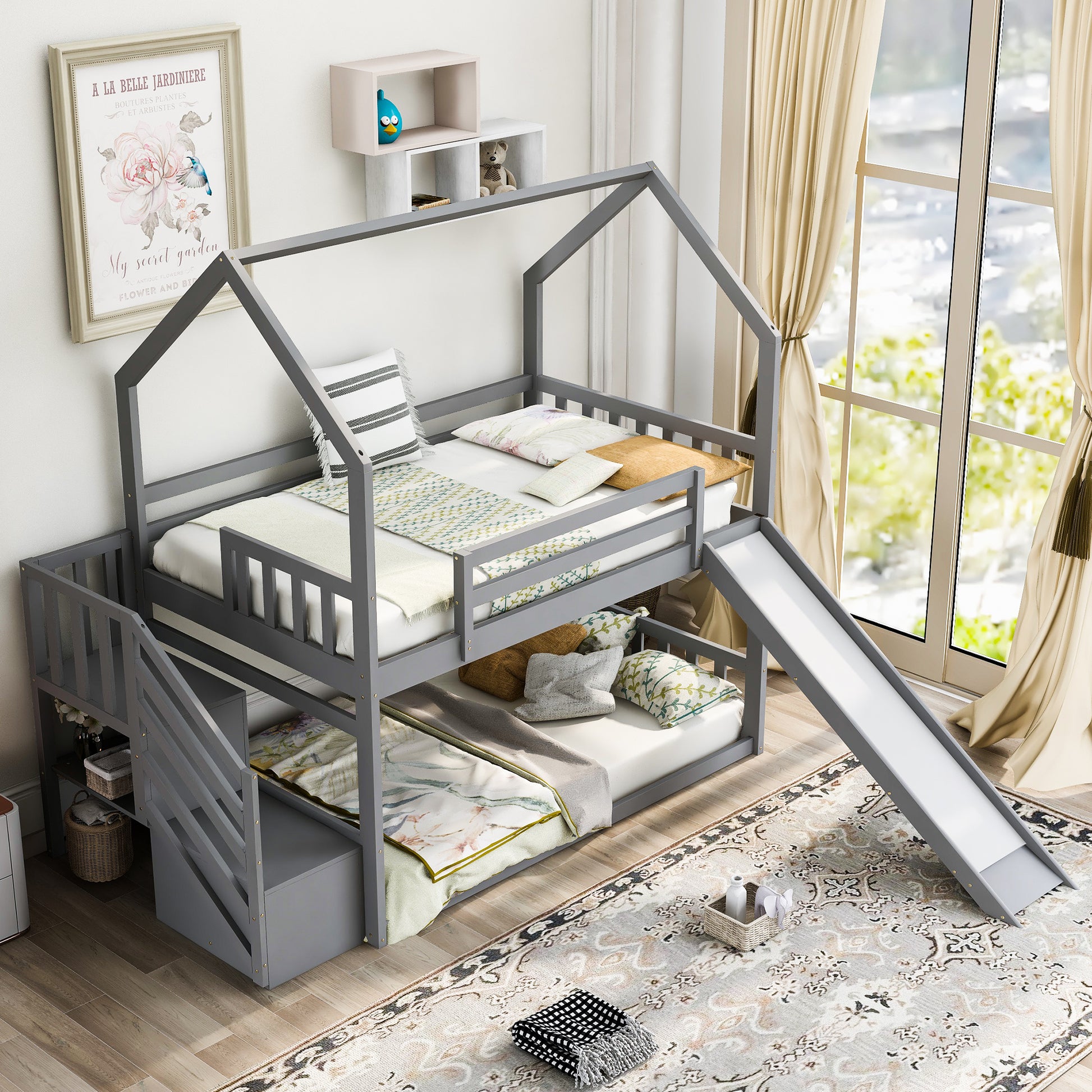 WM Store Twin over Twin House Bunk Bed with Convertible Slide,Storage Staircase can be Placed Left or Right,Gray