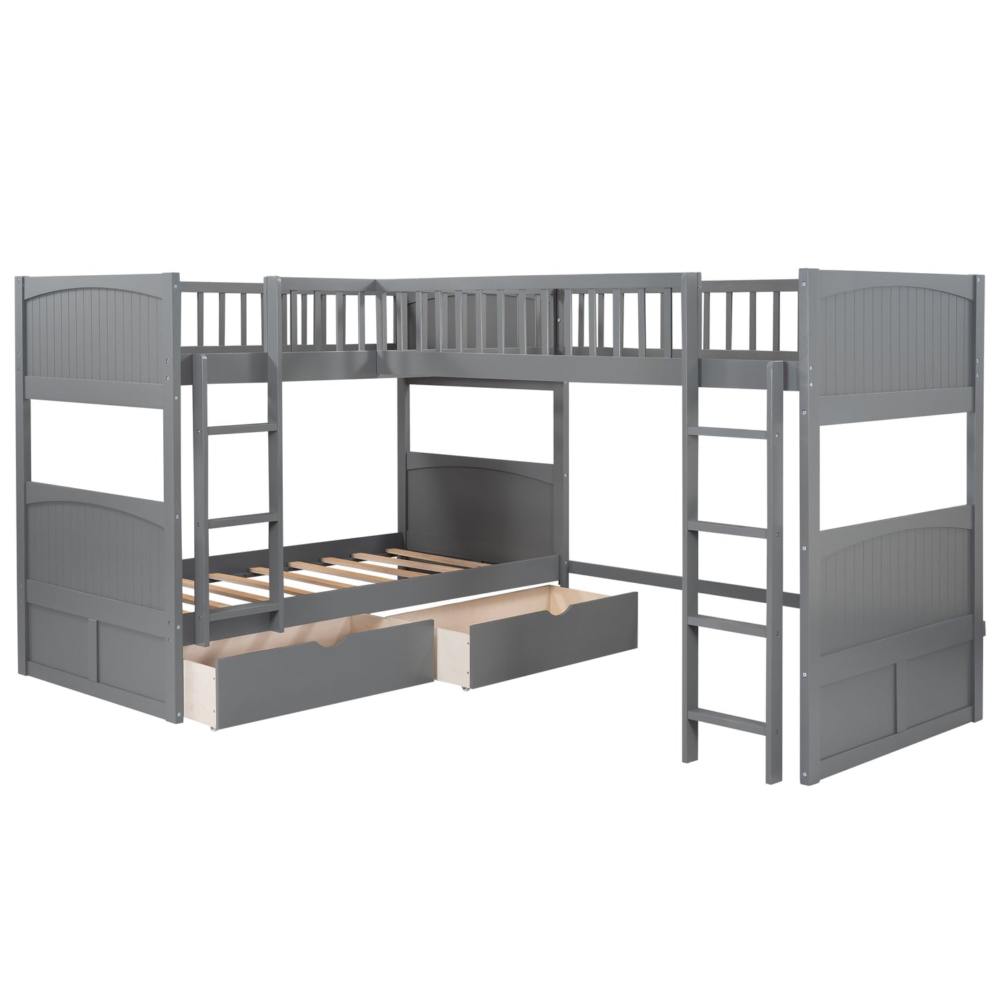 WM Store Twin Size Bunk Bed with a Loft Bed attached, with Two Drawers,Gray