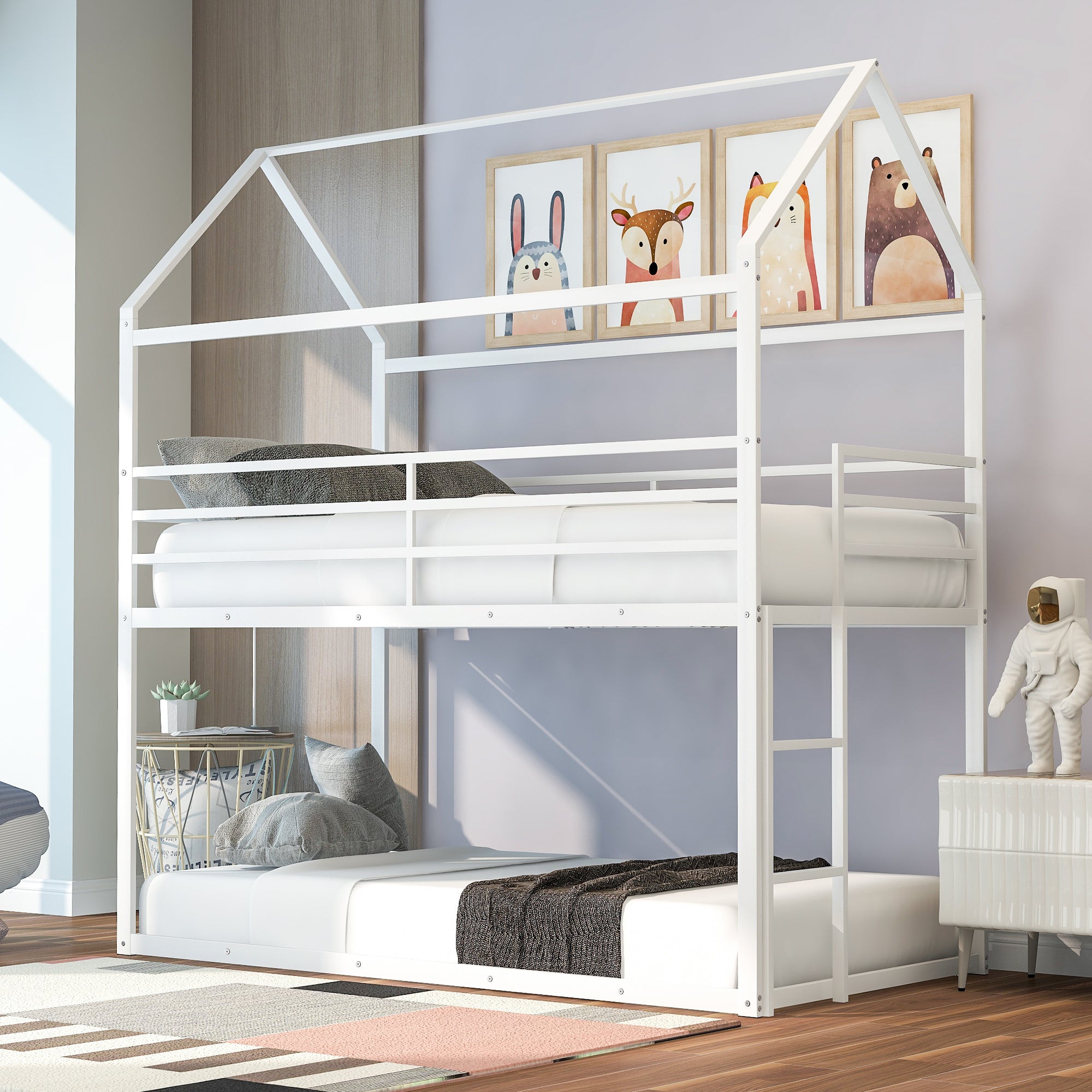 White iron bunk top beds