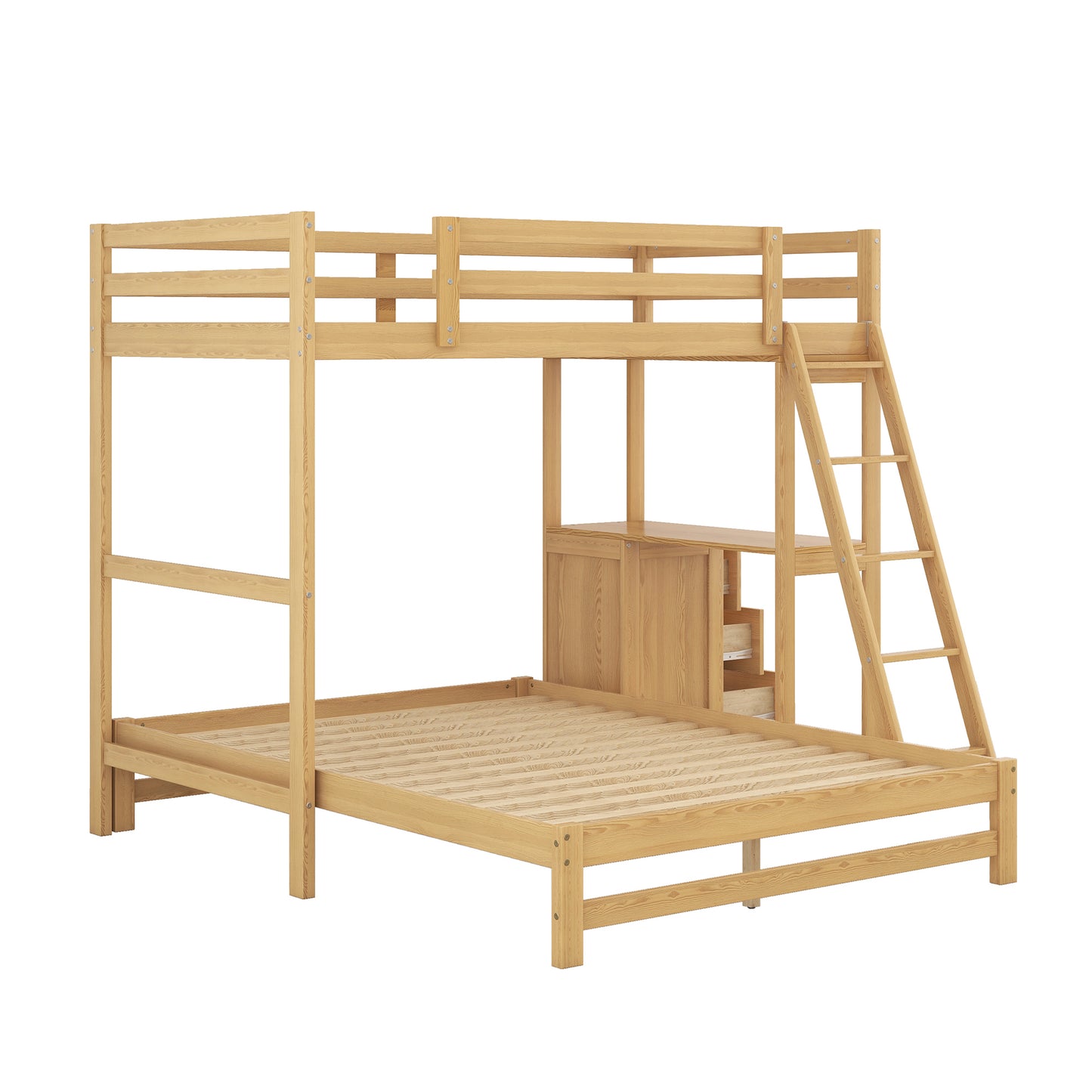 WM Store Twin over Full Bunk Bed with Built-in Desk and Three Drawers,Natural