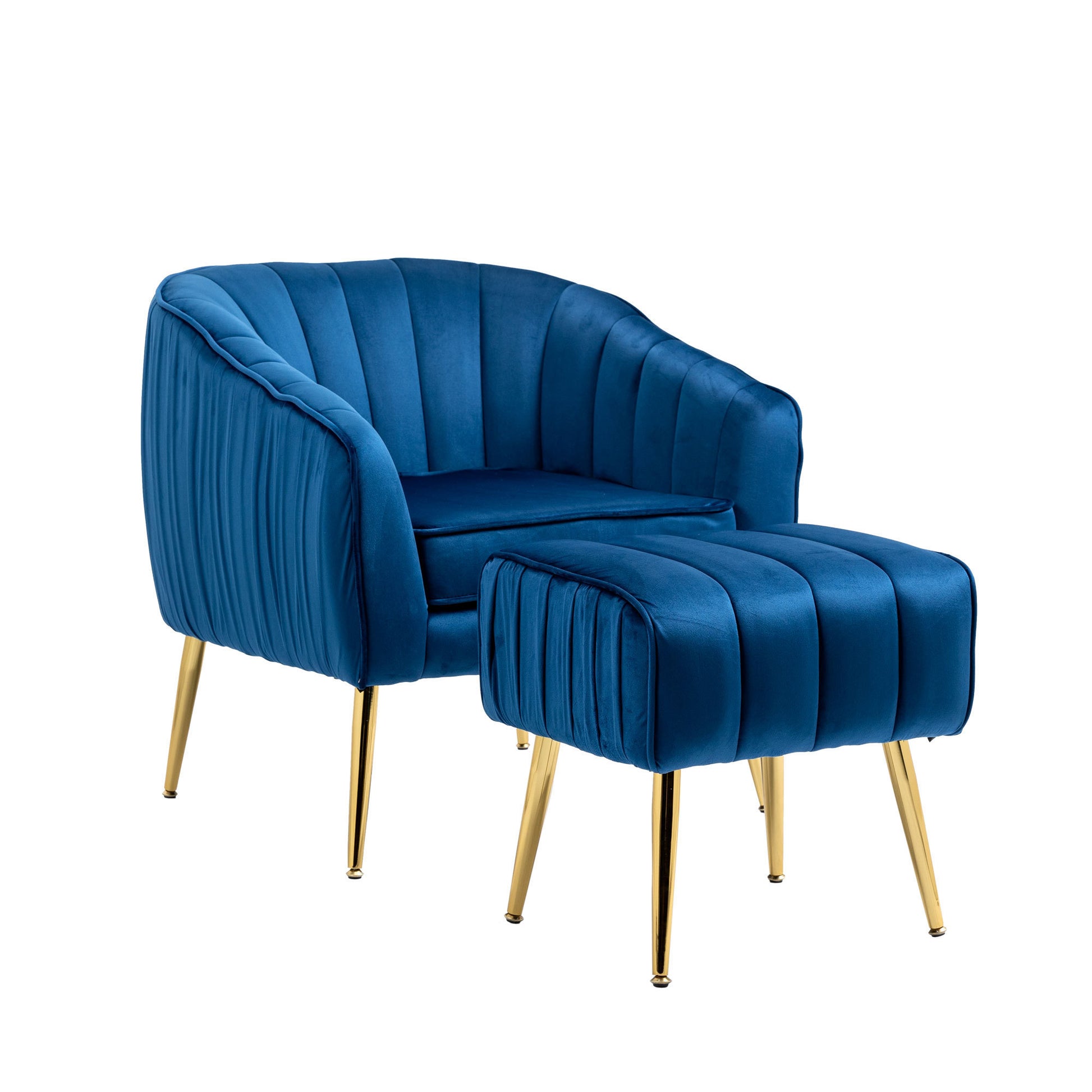 Velvet Accent Chair with Ottoman Set in Blue