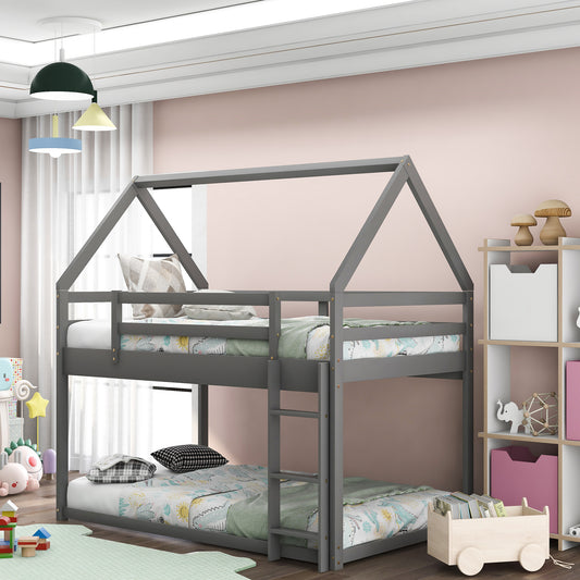 Twin over Twin Low Bunk Bed, House Bed with Ladder , Gray