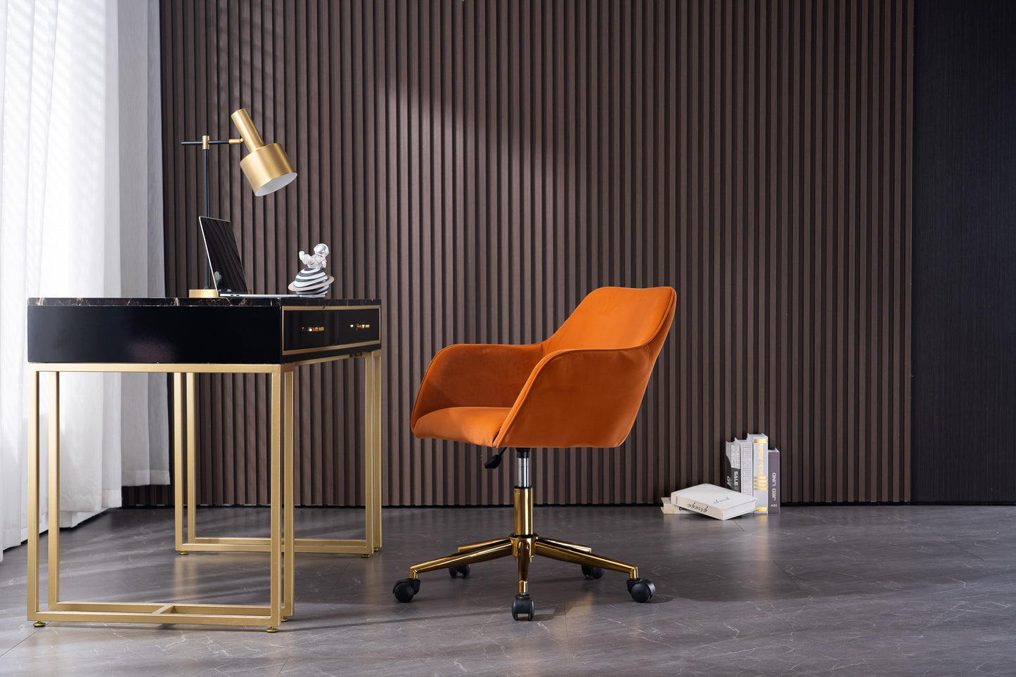 Modern Swivel Office Chair in Orange Velvet with Gold Base