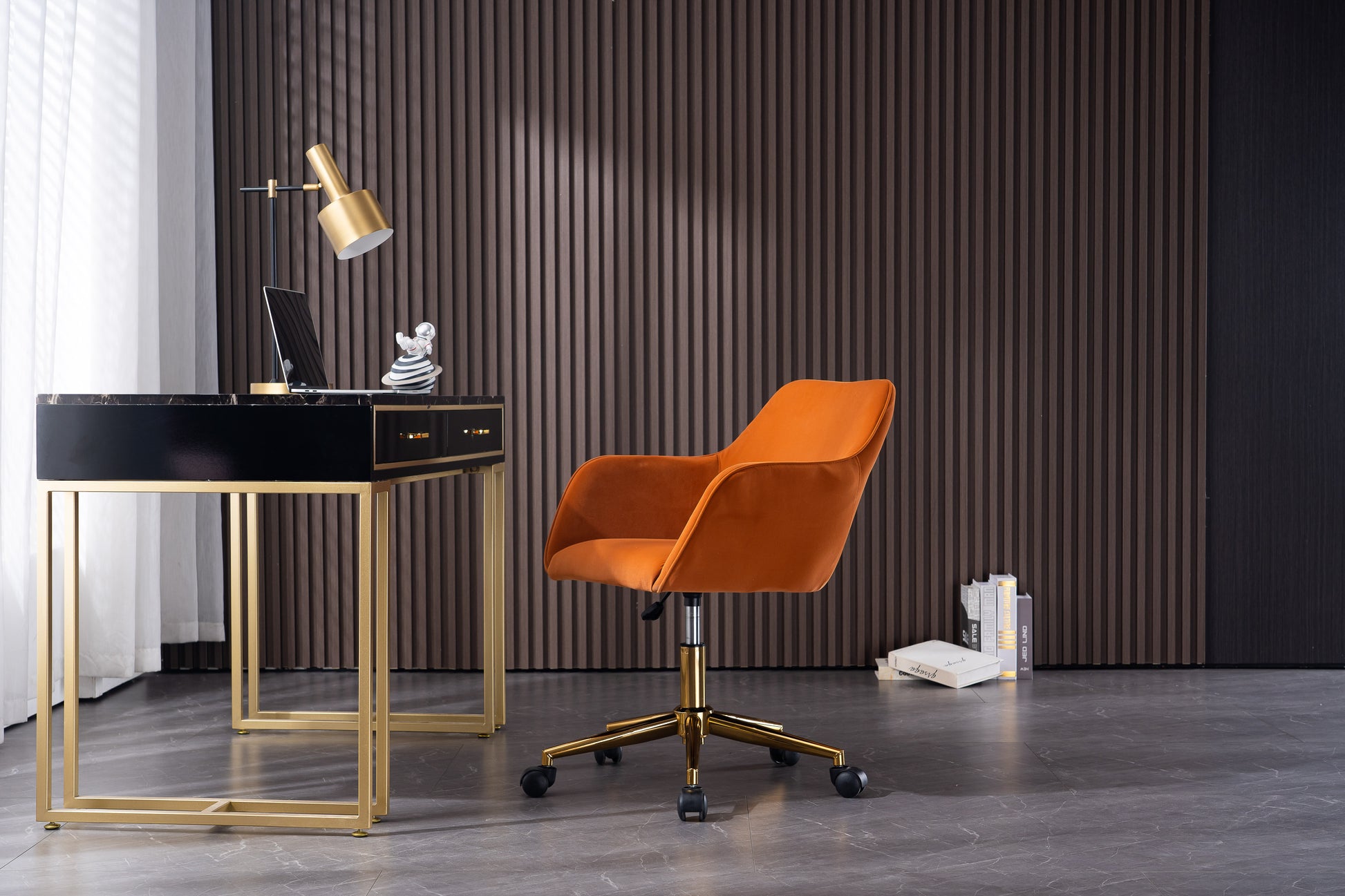 DG Collection Modern Swivel Office Chair in Orange Velvet with Gold Base