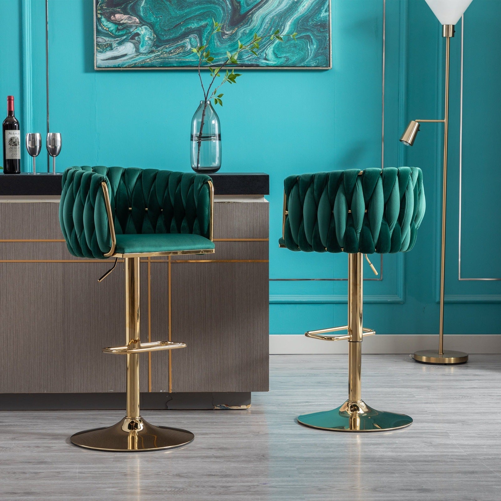 WeeHaa Modern Green Velvet Adjustable Height Bar Stool Set of 2