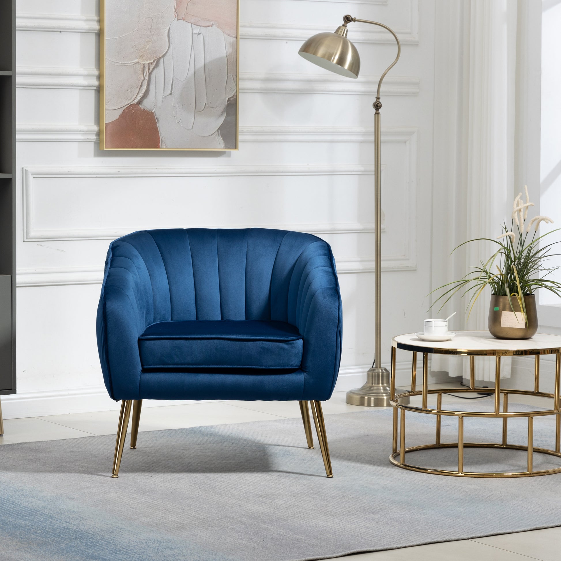 Velvet Accent Chair with Ottoman Set in Blue