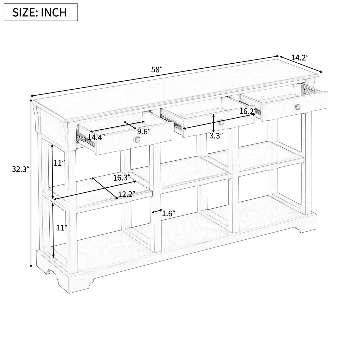 Transitional Console Table with 3 Drawers & Open Shelves - Antique White