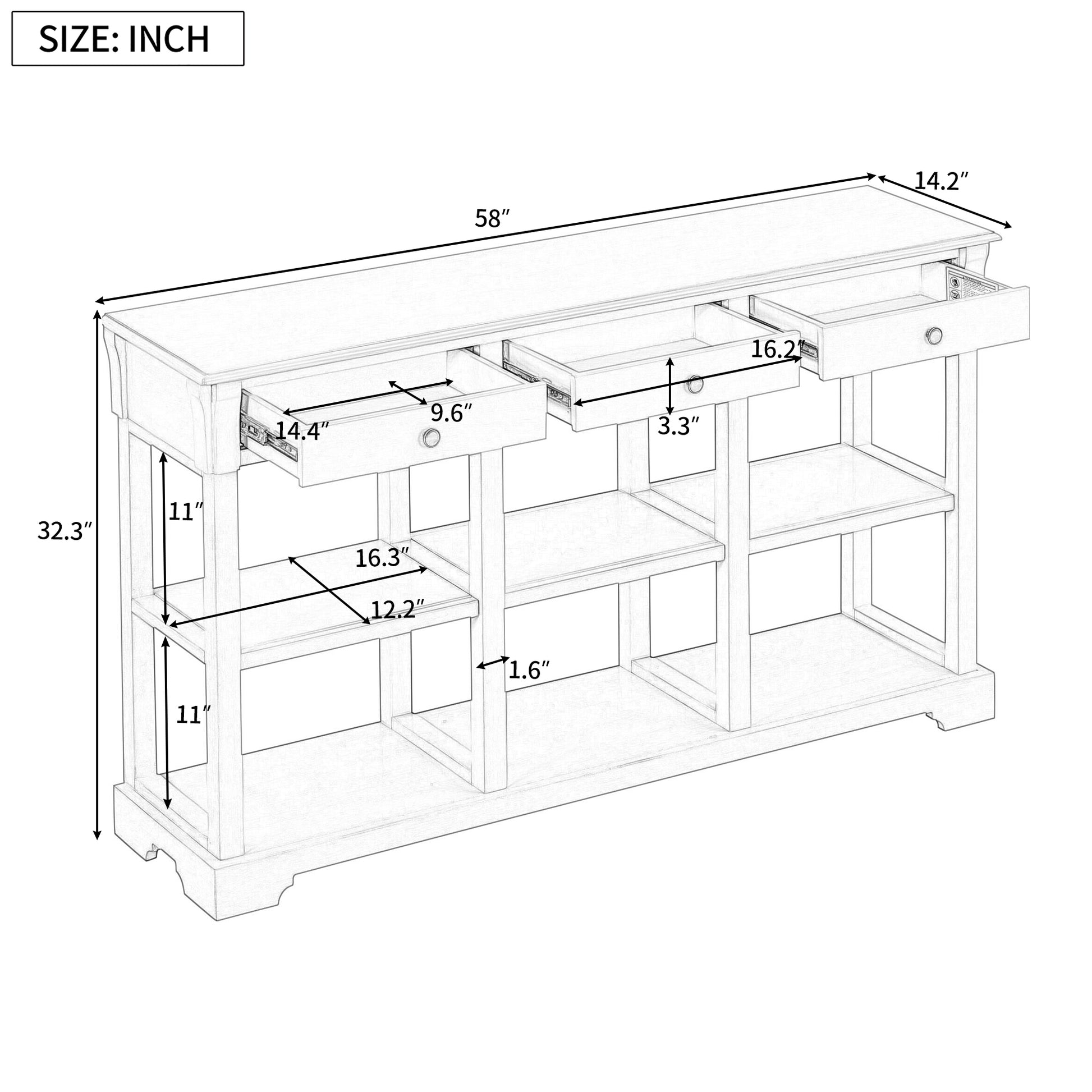 Transitional Console Table with 3 Drawers & Open Shelves - Antique White