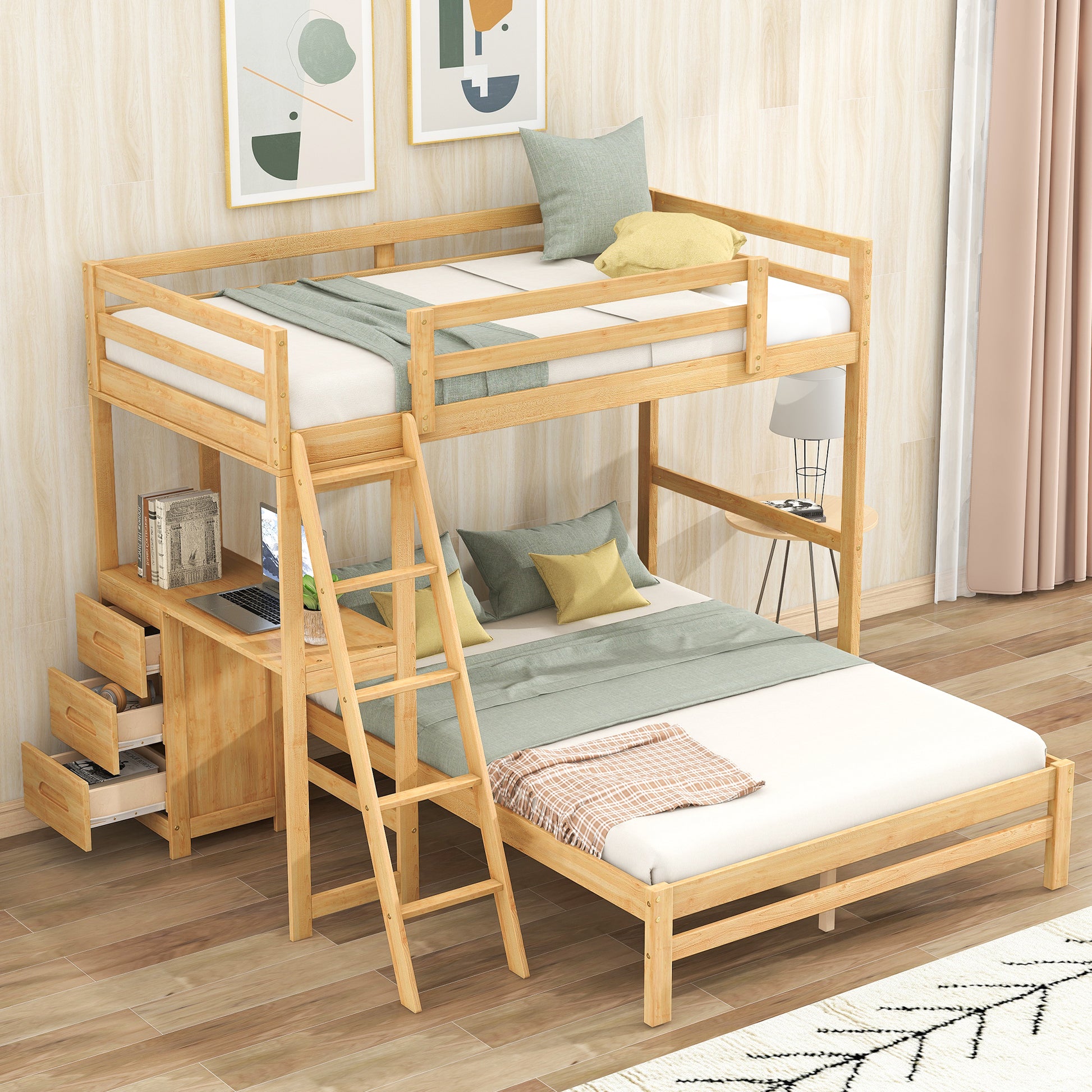 WM Store Twin over Full Bunk Bed with Built-in Desk and Three Drawers,Natural