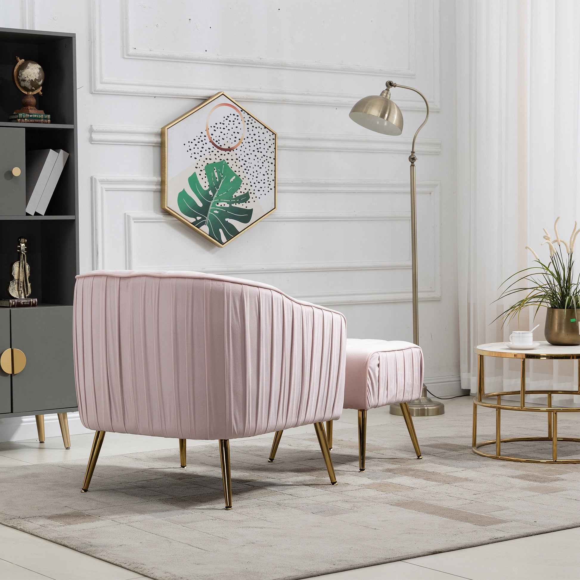 Velvet Accent Chair with Ottoman Set in Pink