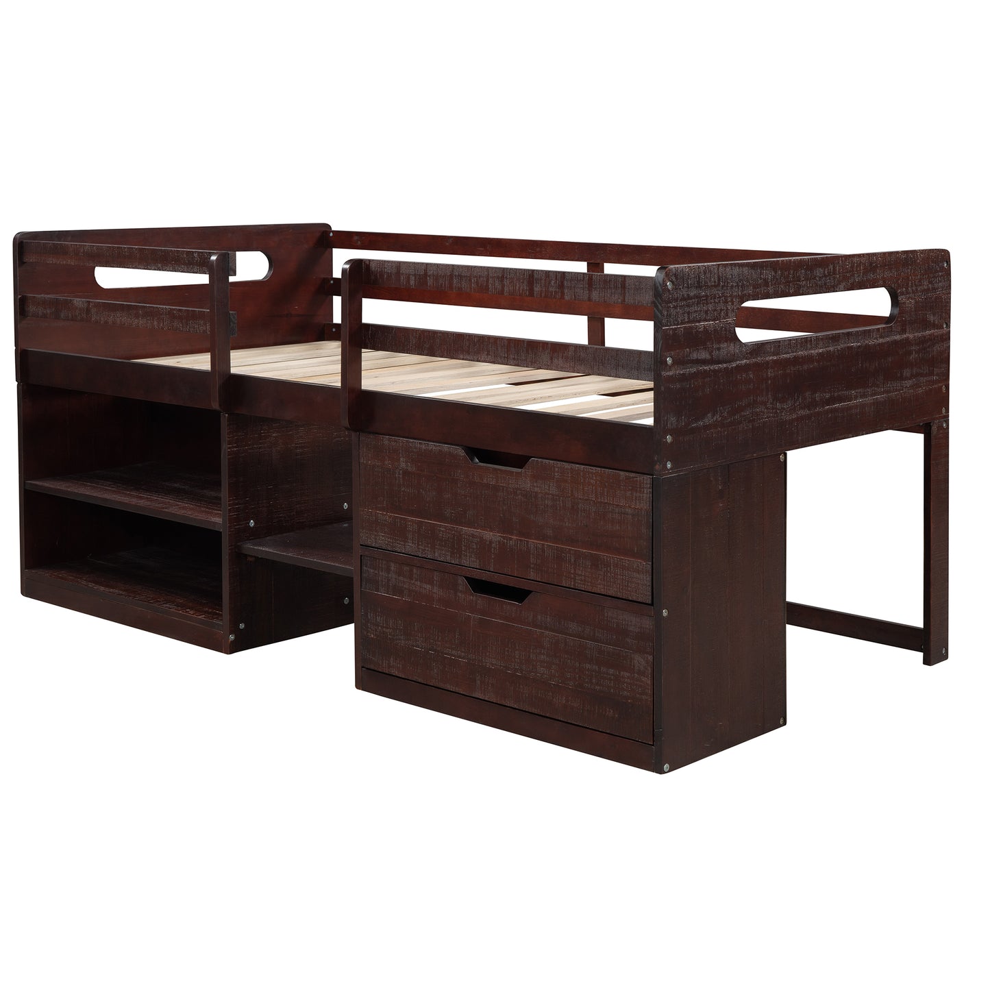 Twin size Loft Bed with Two Shelves and Two drawers Antique Espresso