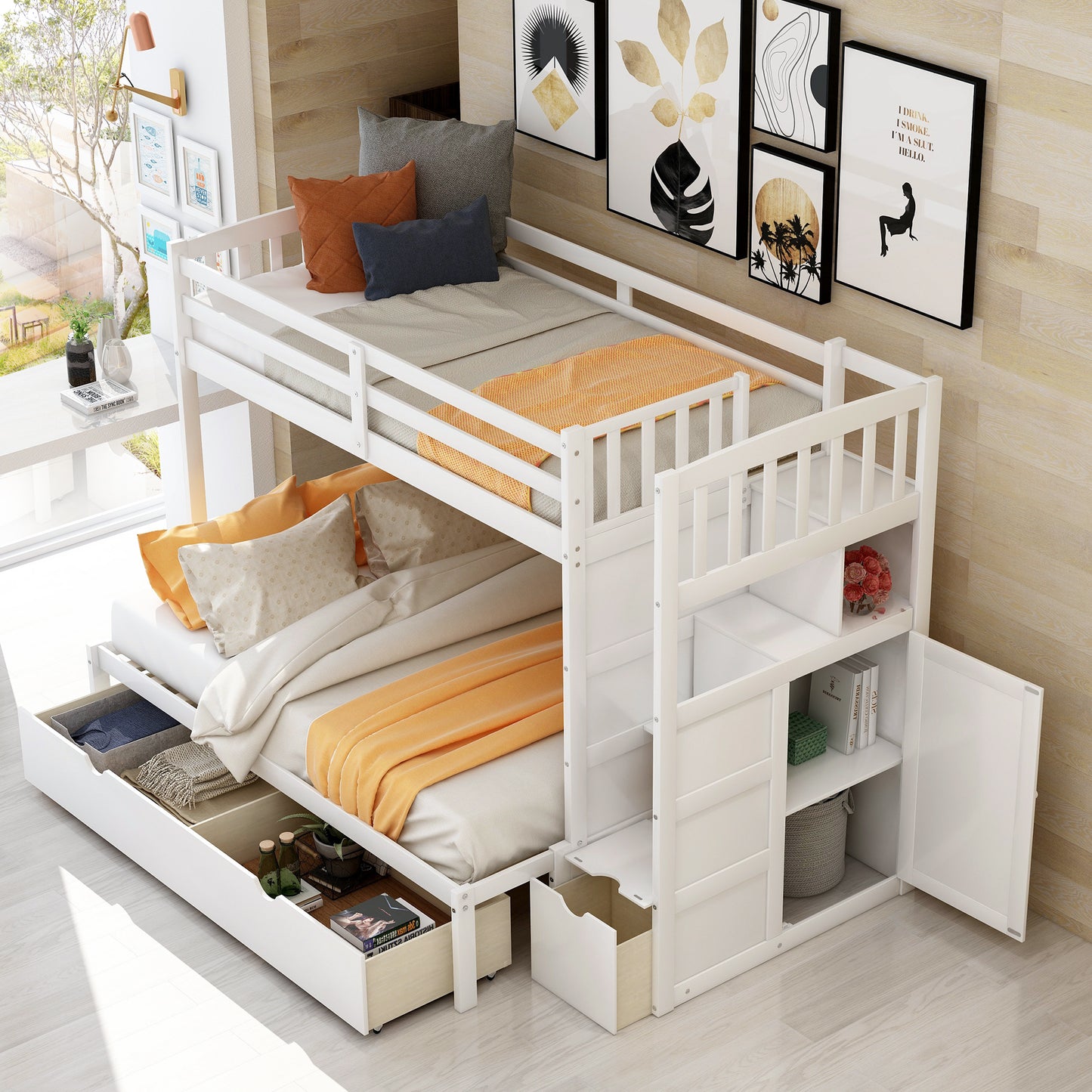 WM Store Twin over Full/Twin Bunk Bed, Convertible Bottom Bed, Storage Shelves and Drawers, White