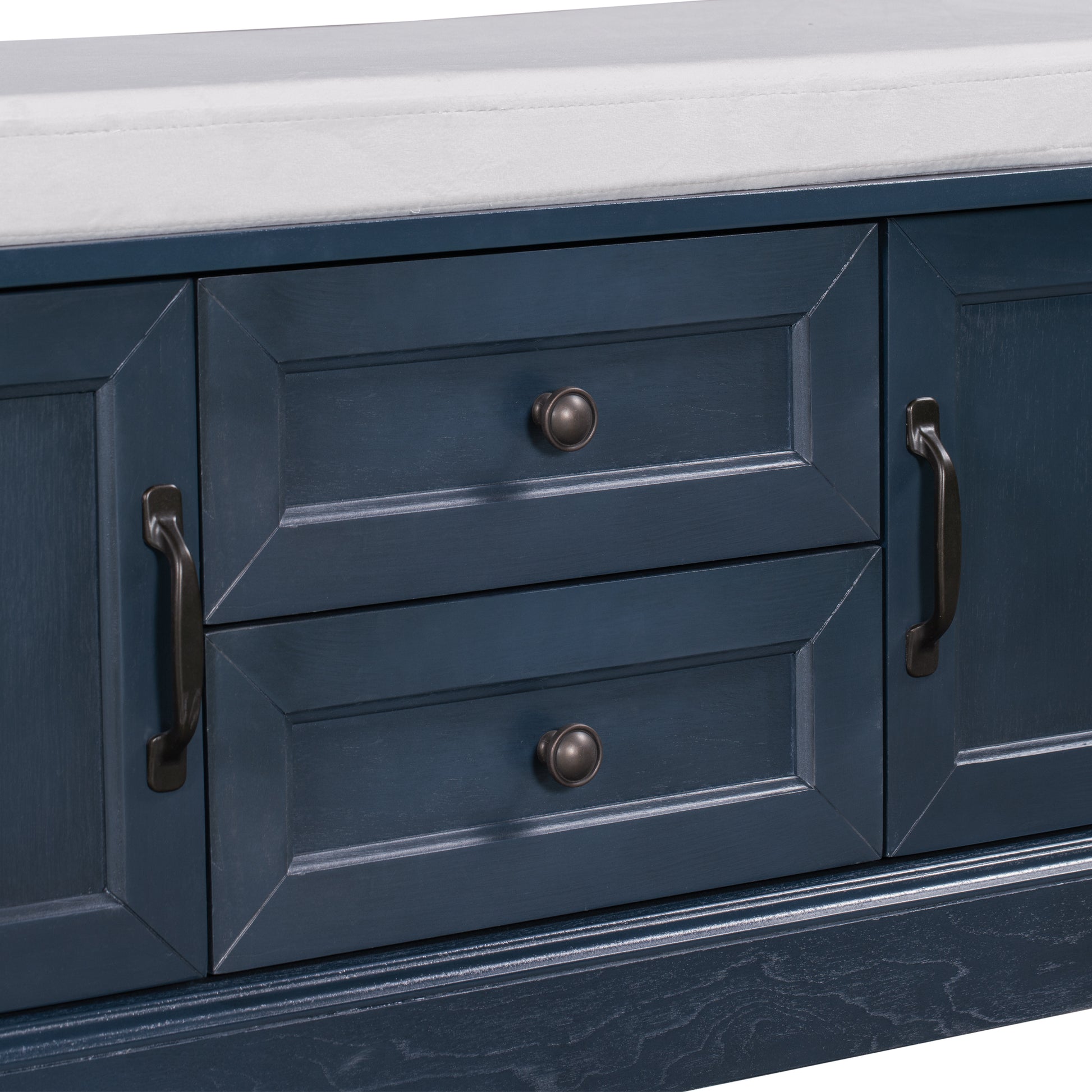 TREXM Storage Bench with 2 Drawers and 2 Cabinets & Removable Cushion - Antique Navy