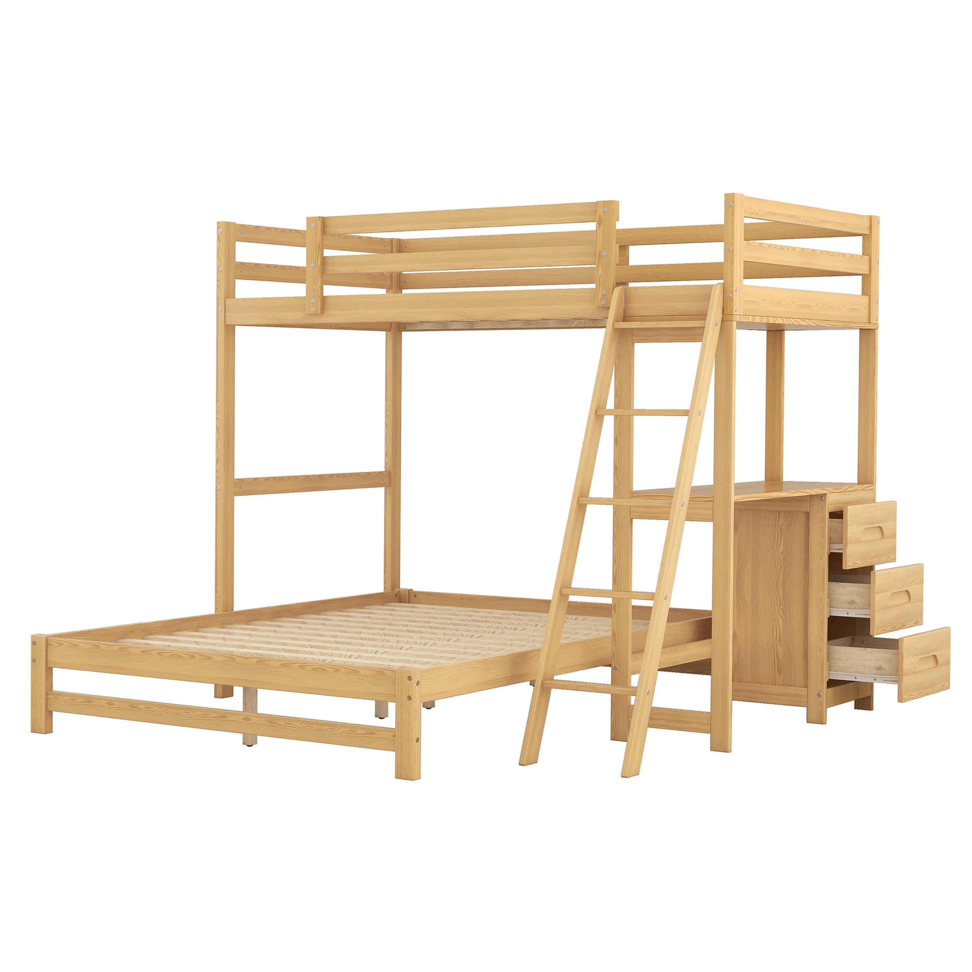 WM Store Twin over Full Bunk Bed with Built-in Desk and Three Drawers,Natural