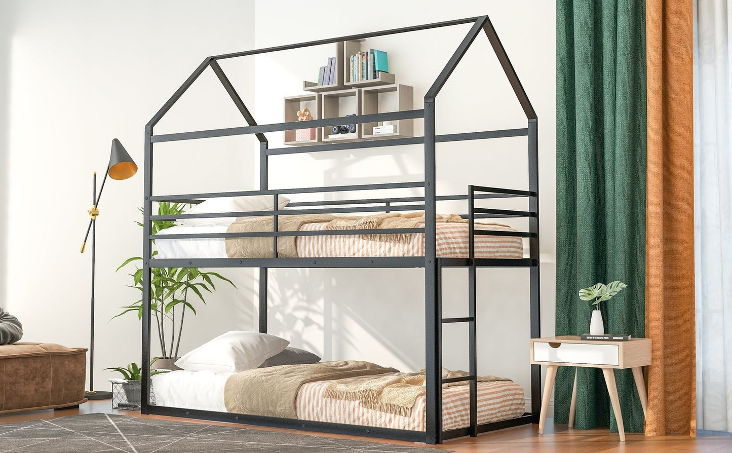 Homey Life Twin over Twin Black Metal House Theme Bunk Bed