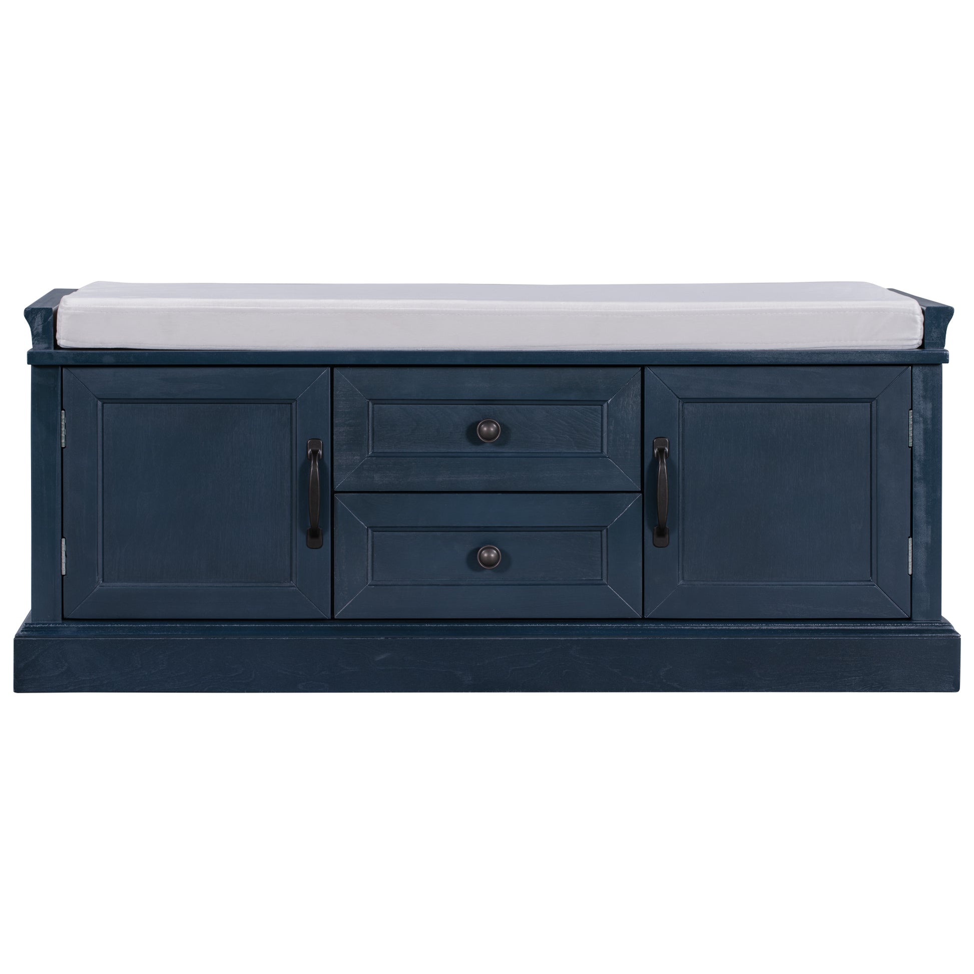 TREXM Storage Bench with 2 Drawers and 2 Cabinets & Removable Cushion - Antique Navy