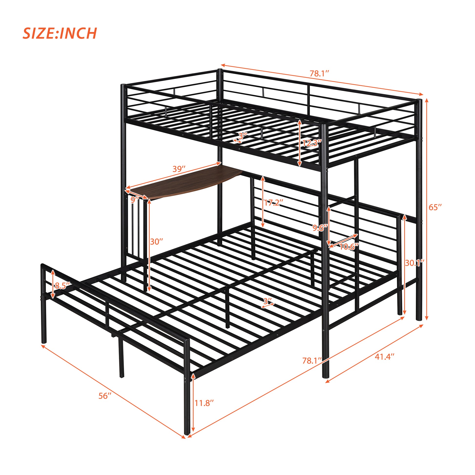 Homey Life Twin Over Full Metal Bunk Bed with Desk & Ladder in Black