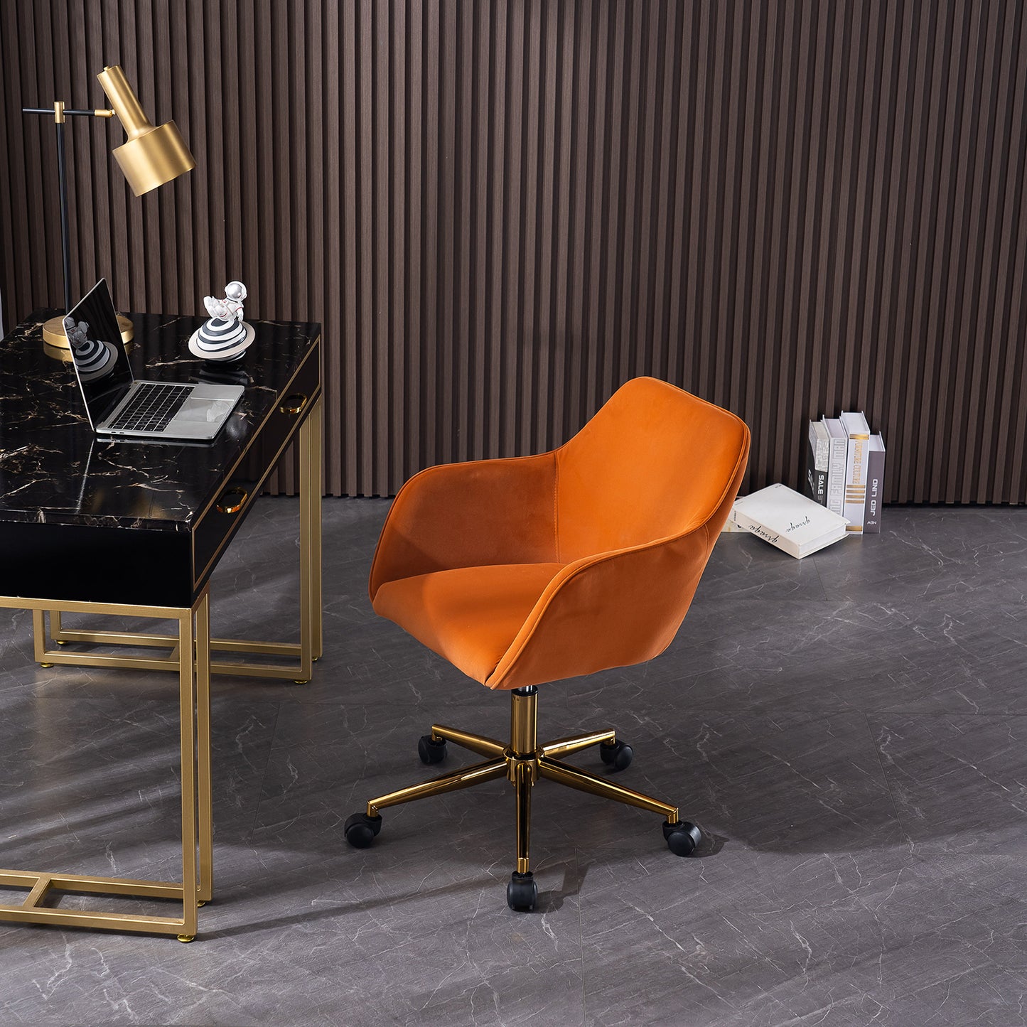 DG Collection Modern Swivel Office Chair in Orange Velvet with Gold Base