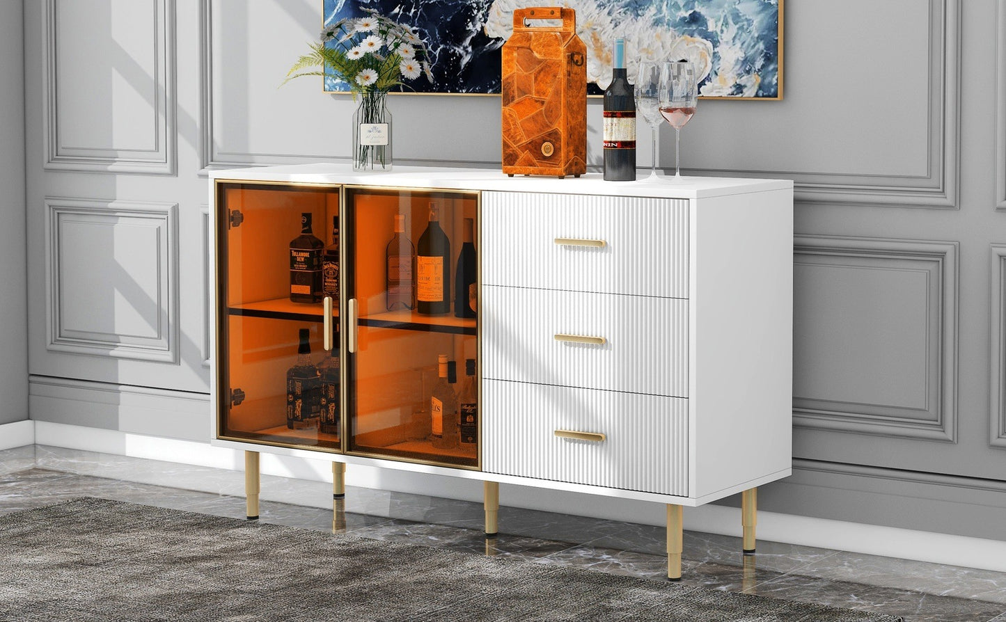 TREXM Modern Sideboard Cabinet Marble Sticker Tabletop and Amber-Yellow Tempered Glass Doors with Gold Metal Legs & Handles White