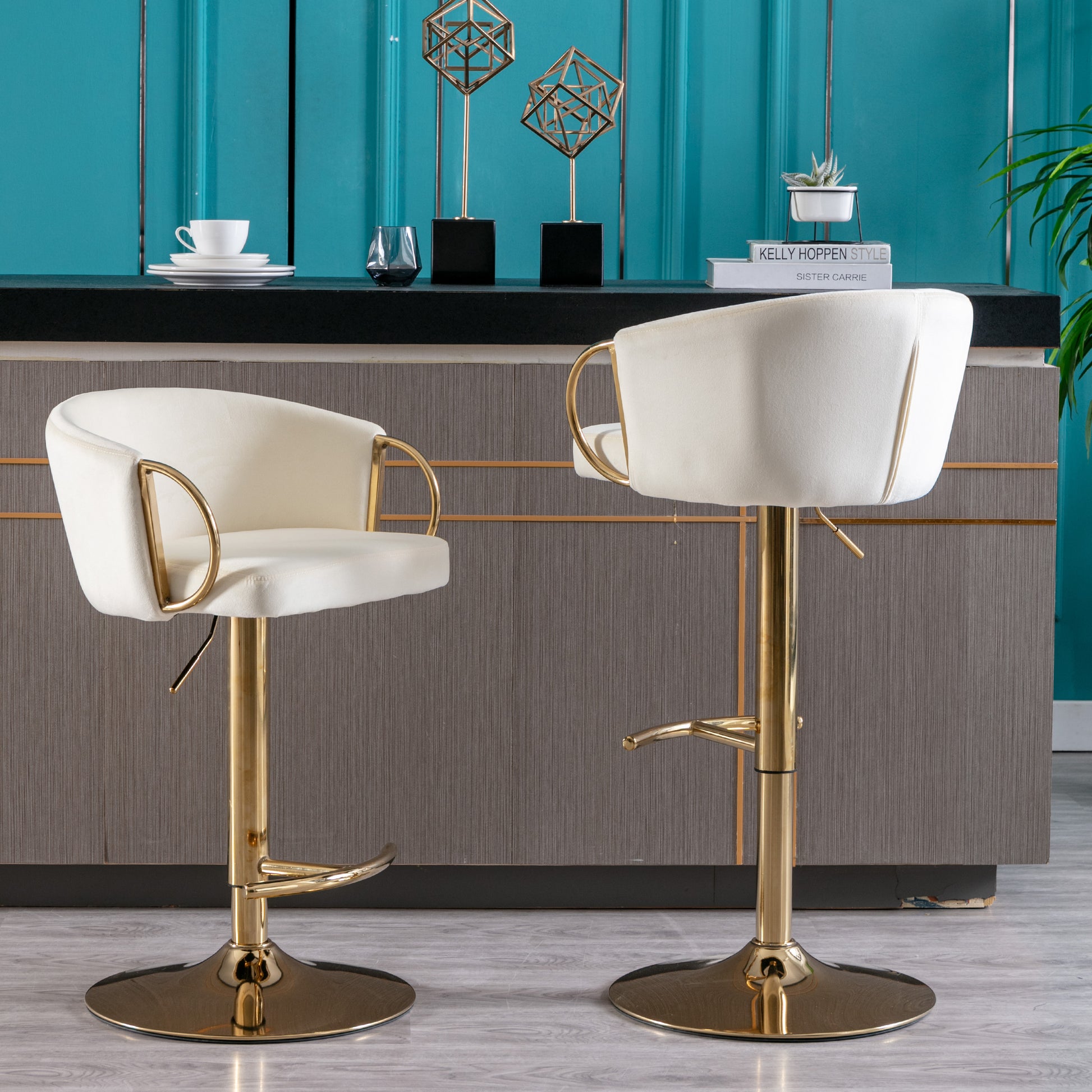 Modern Velvet Barstools with Gold Base Set of 2