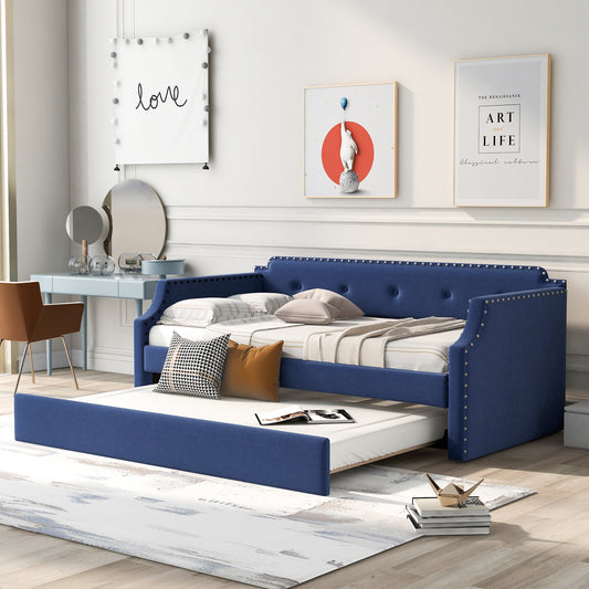 WM Store Contemporary Twin Size Blue Linen Daybed & Trundle