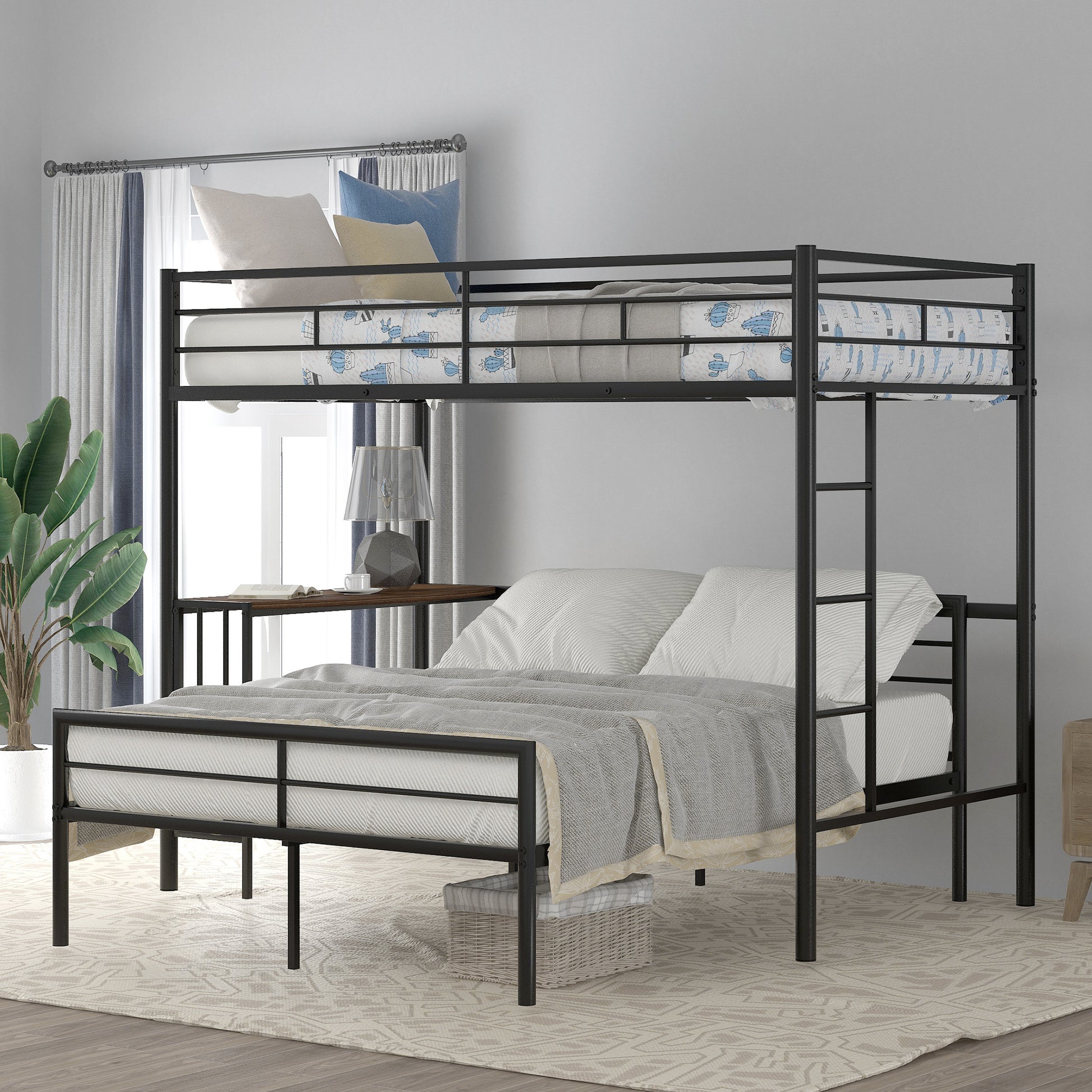 Homey Life Twin Over Full Metal Bunk Bed with Desk & Ladder in Black