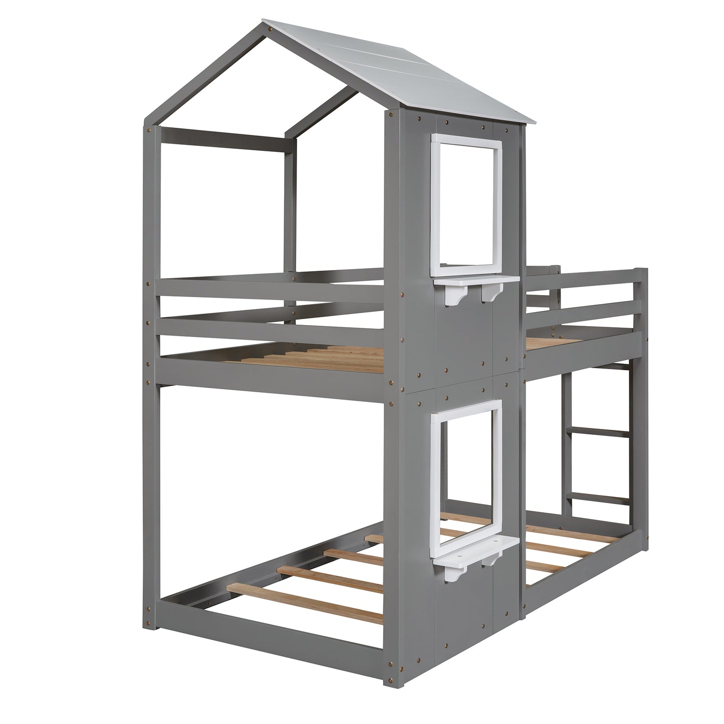 Homey Life Twin Over Twin Bunk Bed Wood Bed with Roof, Window, Guardrail, Ladder Gray & White