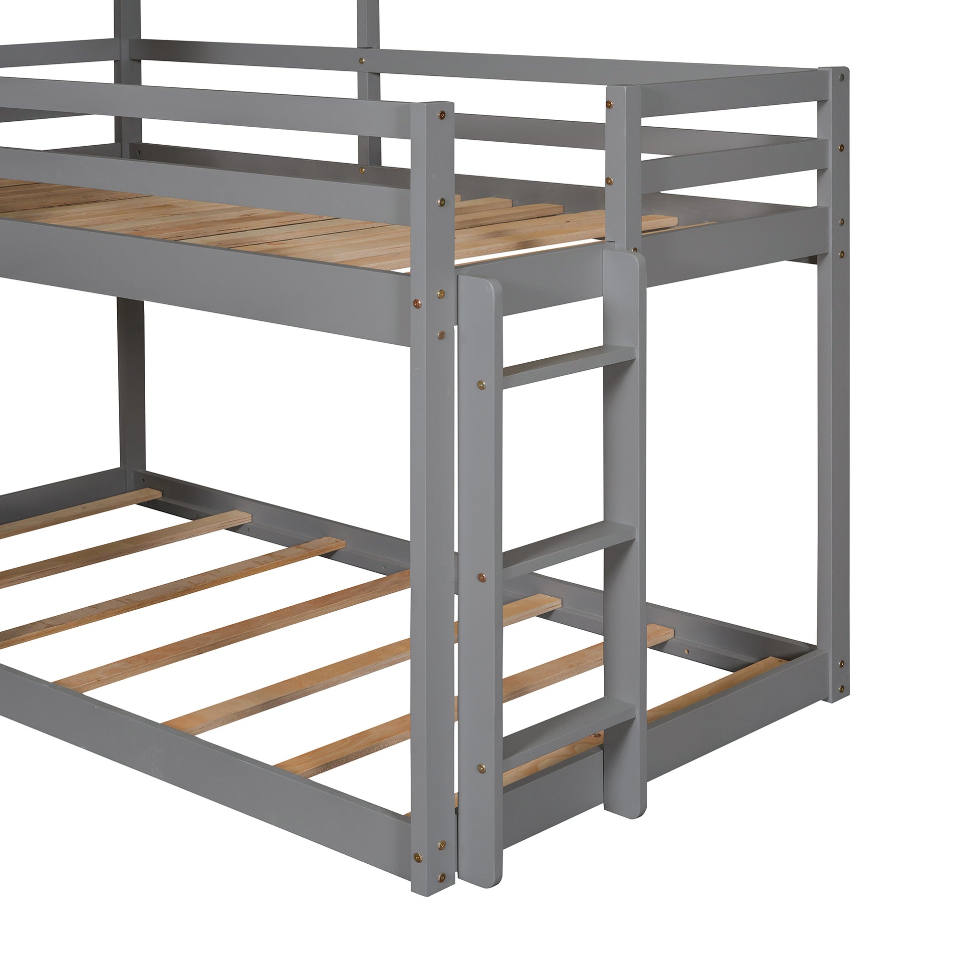 Homey Life Twin Over Twin Bunk Bed Wood Bed with Roof, Window, Guardrail, Ladder Gray & White