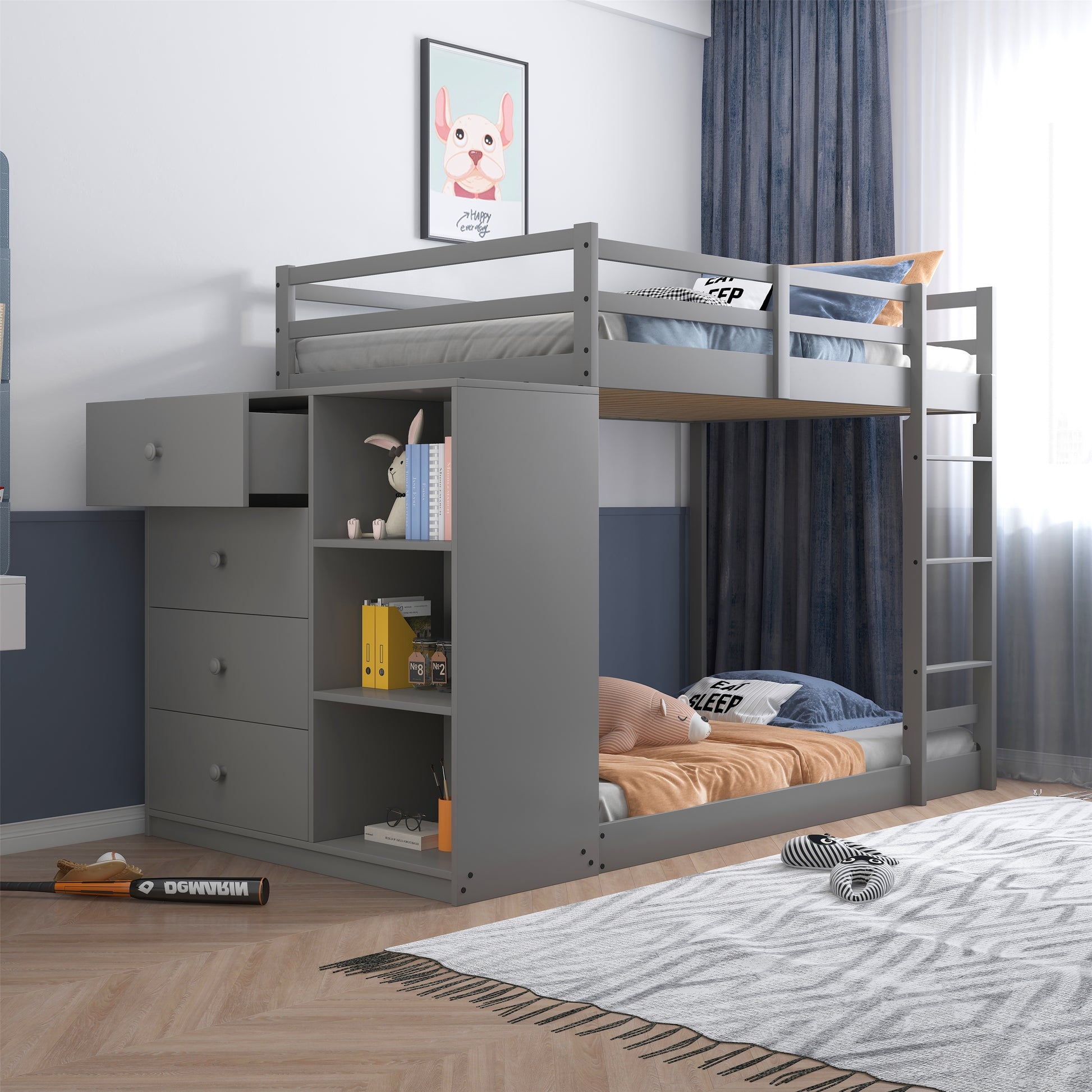 ACME Gaston Twin/Twin Bunk Bed w/Cabinet, Gray Finish BD01372