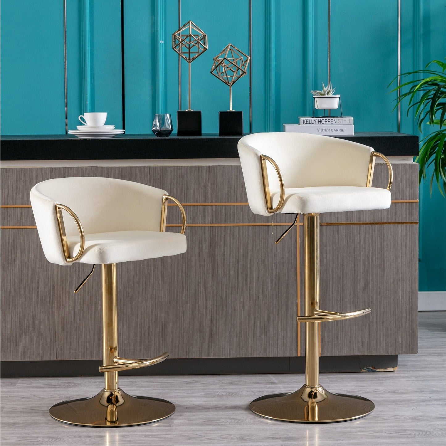 Modern Velvet Barstools with Gold Base Set of 2