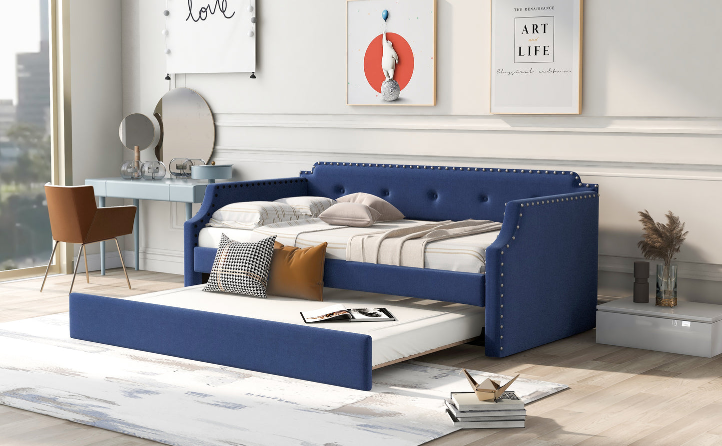 WM Store Contemporary Twin Size Blue Linen Daybed & Trundle